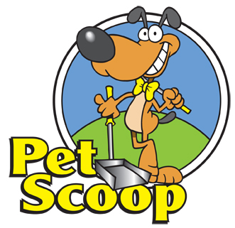 Pet Scoop Services logo features a poop scooping dog in a bow tie