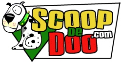 Scoop De Doo has a cartoon dog with yellow green and red lettering